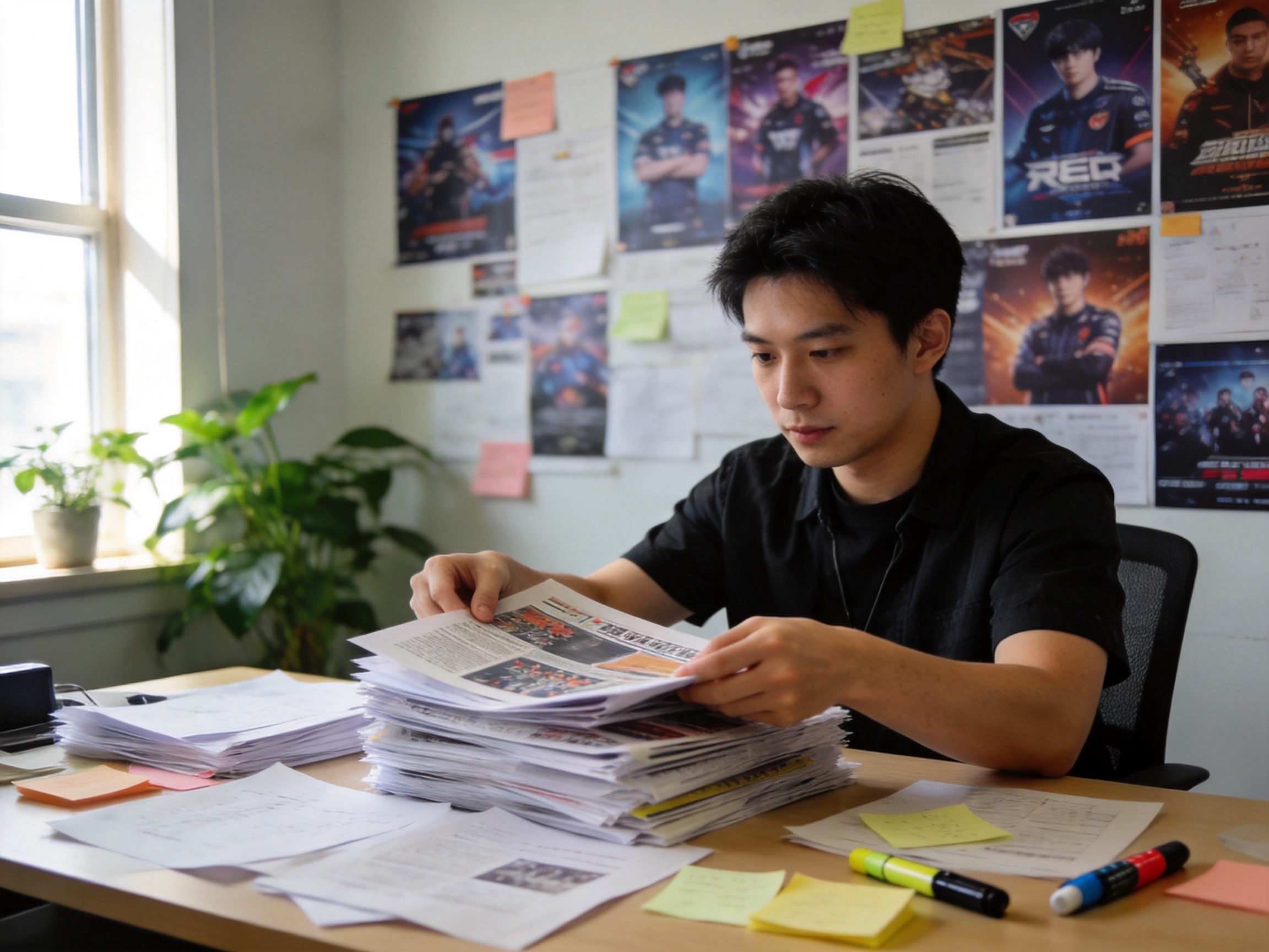 电竞资讯编辑在屏幕前整理赛事新闻稿件与资料